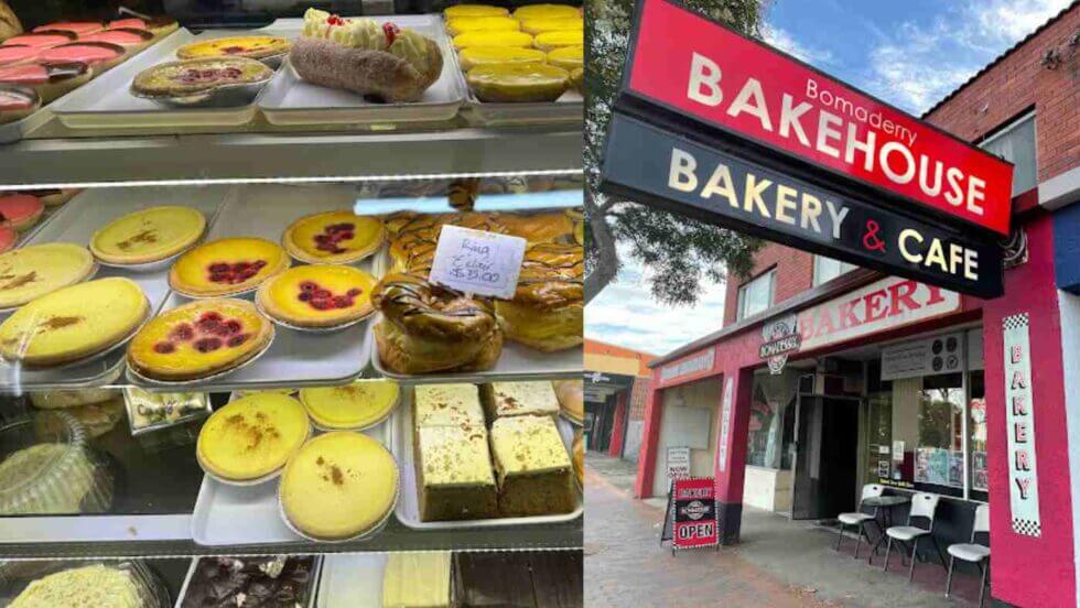 Display of assorted pastries and tarts in a bakery, with the Bomaderry Bakehouse exterior and signage.